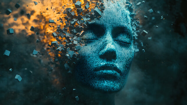 Abstract Human Face Fracturing into Glowing Digital Pixels and Data Fragments Representing AI Identity and Virtual Reality Disruption