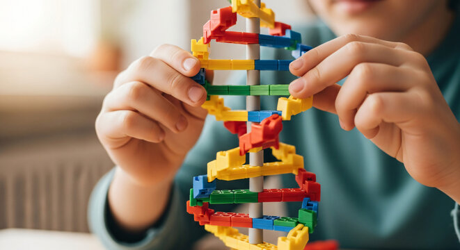Childs hands building colorful plastic dna model kit, educational science 