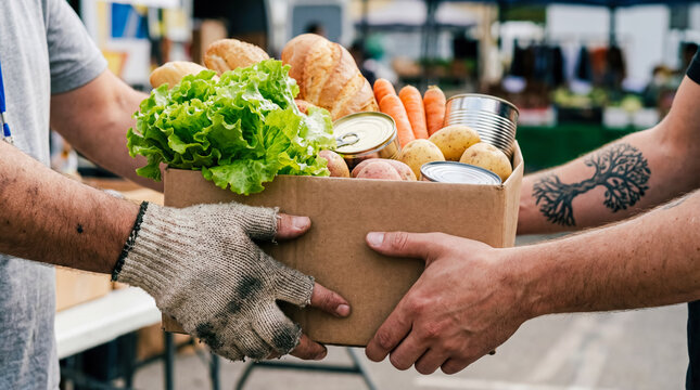 Passing heavy cardboard box full of fresh green lettuce and bread to person with tattooed arms outdoors concept of inclusive community aid local food bank donation and volunteer support