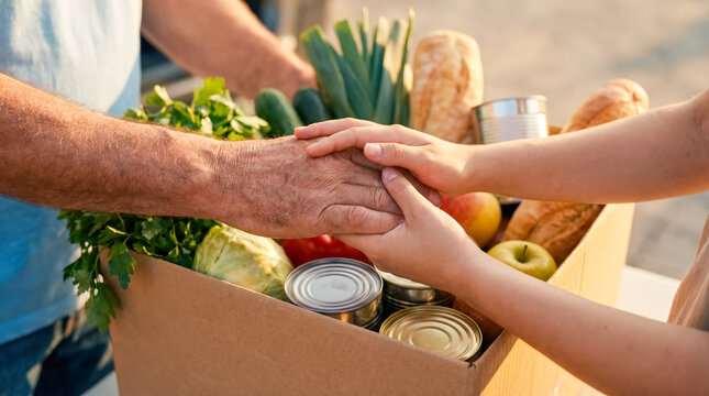 Close up of hands tenderly holding each other over cardboard box of food outdoors concept of deep compassion emotional support charitable donation empathy and community humanitarian relief