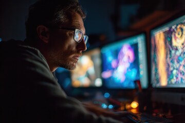 Fototapeta premium Person with glasses immersed in digital content