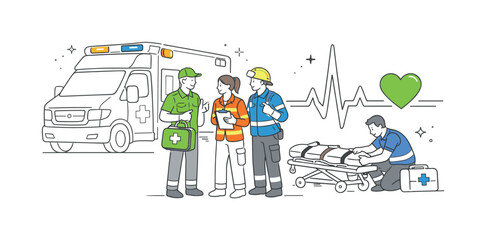 Fototapeta premium Rapid ambulance dispatch and rescue teamwork scene where a small group of emergency responders coordinates beside a large ambulance and a simple heart monitor line symbol