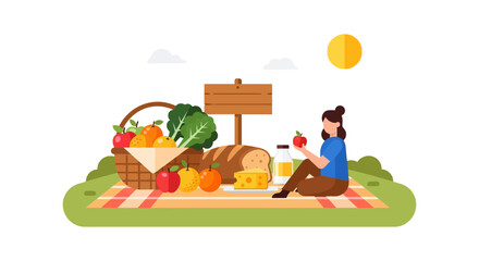 Fototapeta premium Summer Picnic Illustration with Basket, Fruit, and Blank Wooden Sign. Woman Relaxing Outdoors and Eating Healthy Food. Flat Vector Design.