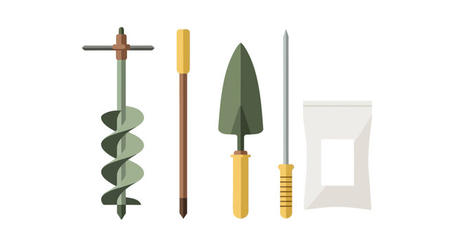 Professional Soil Sampling Tools and Equipment Set. Geotechnical Hand Auger, Core Probe, Trowel, and Sample Bag Illustration.