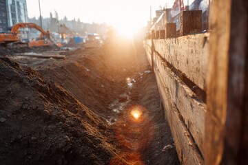 Fototapeta premium Long trench across a dusty construction site