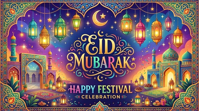 Colorful Eid Mubarak Festival Banner with Vibrant Lanterns and Islamic Architectural Design Elements