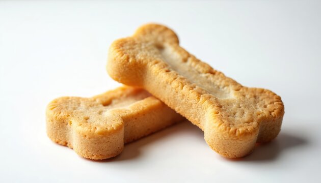 Two bone shaped dog biscuits stacked on a clean white surface. Delicious pet snack, healthy treat for puppies and adult dogs, good for chewing.