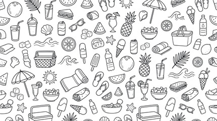 Fototapeta premium Tropical beach refreshment and summer food concept highlighting juicy fruits, cold beverages, and light snacks enjoyed during seaside vacations and outdoor. Objects of