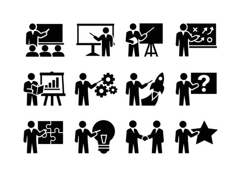 Teaching and training presenters: teacher at classroom board, trainer pointing to presentation screen, instructor with pointer stick, coach explaining plan board, presenter with