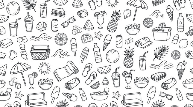 Tropical beach refreshment and summer food concept highlighting juicy fruits, cold beverages, and light snacks enjoyed during seaside vacations and outdoor. Objects of