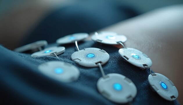 Electrodes on skin with blue light connect to TENS unit. Device offers pain relief and muscle stimulation for therapy. Modern healthcare tech for comfort and wellness. Accelerates recovery processes.