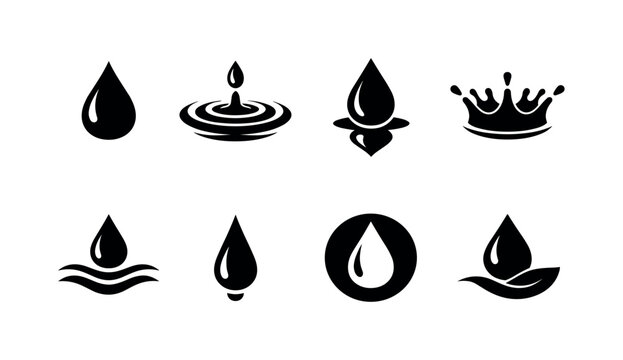 Water drop shapes: single water droplet, ripple water drop, droplet with reflection, droplet splash crown, droplet with wave line, falling water drop, droplet inside circle