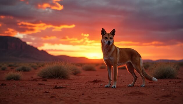 Dingo stands in arid Australian outback during colorful sunset. Wild canine watches red desert landscape with scattered bush shrubs under dramatic sky. Animal is alert and watchful.