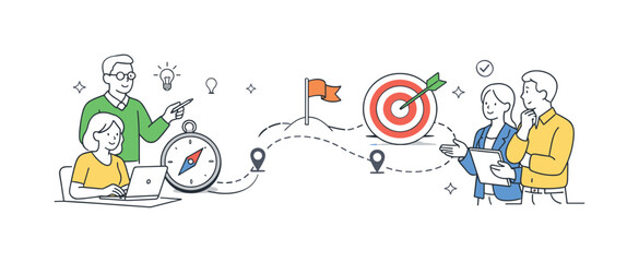 Fototapeta premium A business group collaborating on strategic planning and tracking progress toward key objectives, organizing tasks and timelines in a clear and actionable way, represented by a