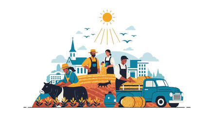 Obraz premium Diverse Group of Farmers Working the Harvest. Flat Illustration of Agriculture, Livestock Care, and Hay Transportation Connecting Farm to City.