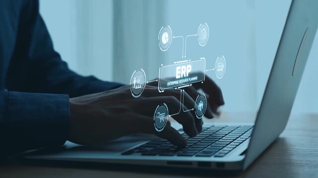 ERP platform visual showing centralized system for enterprise resource planning, improving integration, data flow, business efficiency, finance, inventory, and human resources. Elide