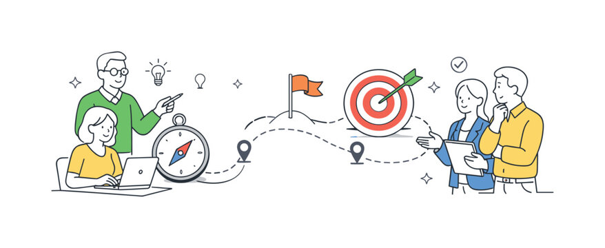 A business group collaborating on strategic planning and tracking progress toward key objectives, organizing tasks and timelines in a clear and actionable way, represented by a