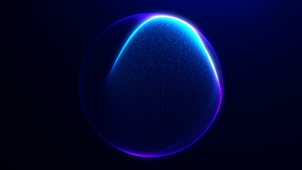 Deep blue abstract energy sphere with soft glowing arc, subtle particle texture and futuristic minimal light form on dark background in high resolution 4K. © Vooper