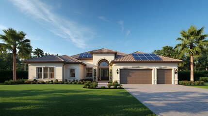 Fototapeta premium Luxury Mediterranean villa with solar panels and lush green lawn under clear blue sky