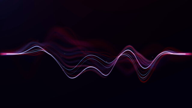 Abstract red and blue glowing waveform on dark background with flowing signal lines, neon motion and futuristic energy pattern in high resolution 4K.
