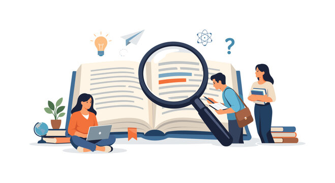 Education and structured knowledge exploration represented through a reference book scene, a large open book with a magnifying glass positioned above the pages indicating focused