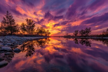 Fototapeta premium Vibrant purple sunset reflecting on still water