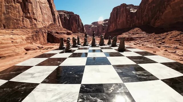 Giant Chess Board Game Set Up In A Vast Desert Canyon Under A Clear Blue Sky With Sunlight