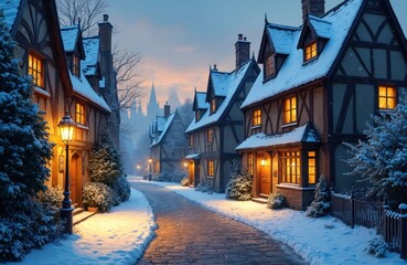 Obraz premium Snowy medieval town street at twilight with lit windows and gas lamps. Traditional English architecture, cobblestone path, festive winter scene.