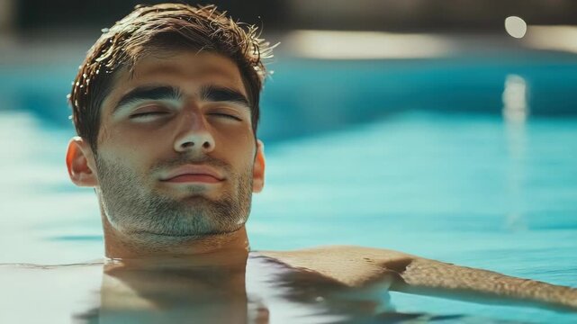 Athlete floating on back, eyes closed and smiling. Surrounded by water. Poolside setting, daylight.