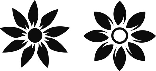 Fototapeta premium Elegant floral silhouette icons featuring simple flower shapes with clean petals and circular centers. Minimal black design isolated on white background, ideal for logos, decorations, beauty brands, n