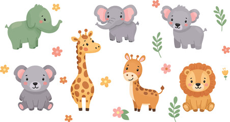 Fototapeta premium Colorful illustration of various cute safari animals with flowers