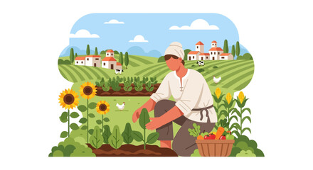 Fototapeta premium Rural Farming Scene: Gardener Planting Seedling in a Field. Traditional Agriculture, Organic Food, and Sustainable Lifestyle Vector Illustration.