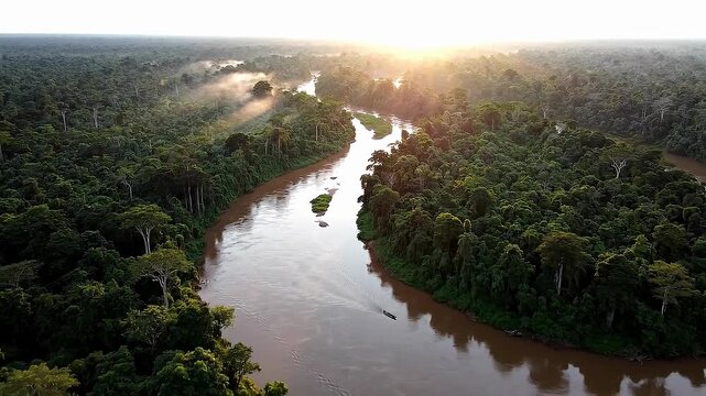 Serene Amazon River Winding Through Lush Green Rainforest At Golden Hour With Misty Haze
