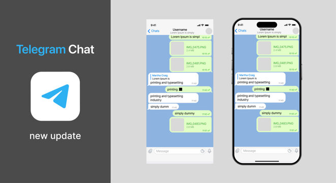 Telegram Chat mockup. Telegram logo. Set telegram screen social media and social network interface template. Telegram button. Vector illustration.