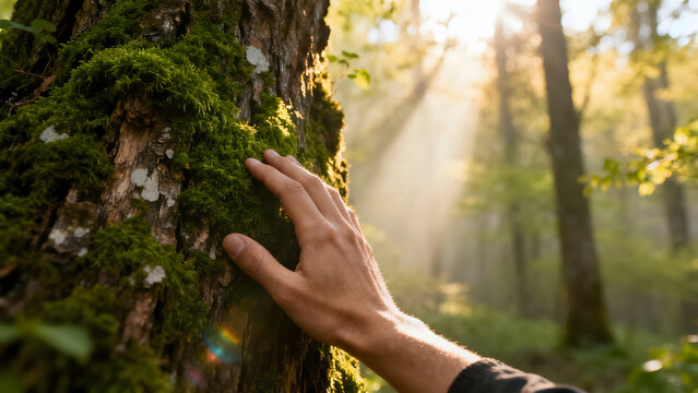 Forest Connection: A hand gently caresses the textured bark of a majestic tree in a sun-drenched forest. Embracing nature's beauty and serenity.