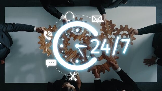 A group of business professionals collaborate in a modern workspace, illustrating the concept of 24-hour availability through gears and digital icons, highlighting teamwork and productivity. Raster