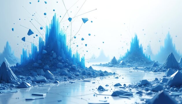 Abstract icy landscape with geometric shapes and data streams. Digital art represents network structure, big data, cyber world. Futuristic technology and science concept.