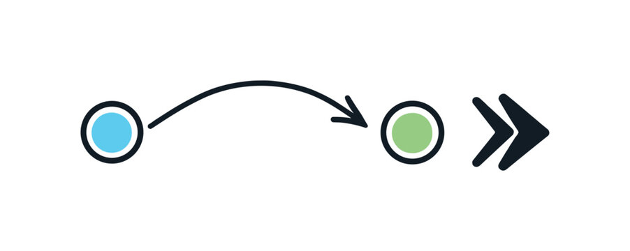 Navigation and directional movement in digital interfaces and workflow processes, a simple curved arrow path connecting two points beside a forward arrow symbolizing smooth