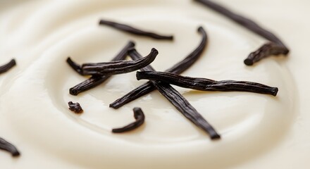 Fototapeta premium Close up of vanilla beans on a creamy white background ideal for food blogs recipe headers and culinary advertising with natural ingredients