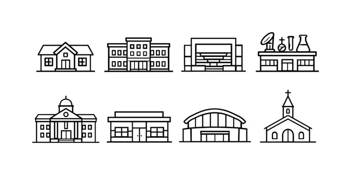 Educational institutions architecture: elementary school building, high school building, college lecture hall building, science laboratory building, campus administration building