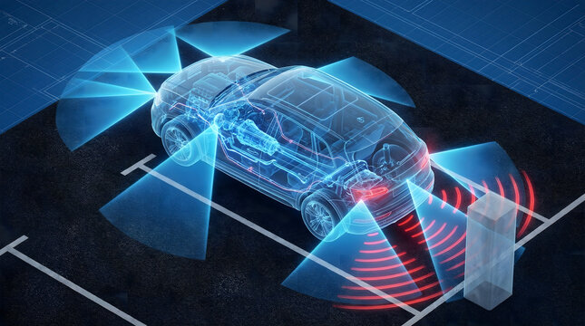 Isometric transparent car diagram showing parking assist sensor ranges and obstacle detection