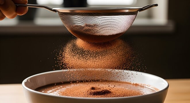 Cocoa powder being sifted through a metal mesh strainer into a white bowl on a wooden table with a hand holding the strainer and powder particles falling into the bowl in a kitchen