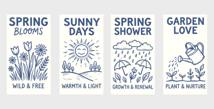 Hand-drawn spring card set in blue and white line style. Features flowers, sun, rain, and garden elements with short phrases. Suitable for posters, cards, social media, and decor.