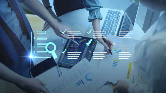 AI data processing and digital document analysis. Business information management, smart checklist verification, automated audit system, searching technology, and intelligent workflow concept.