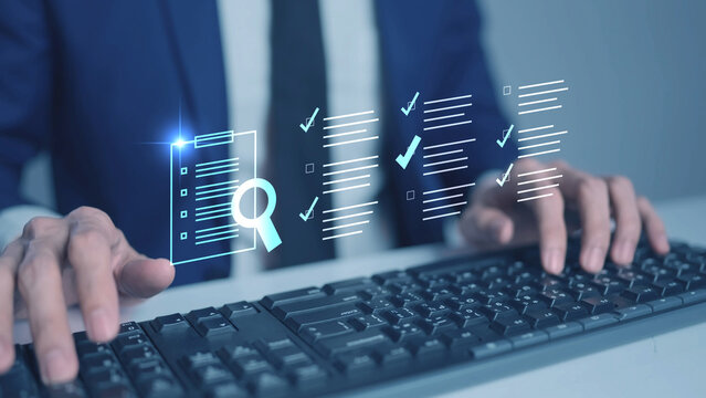 AI data processing and digital document analysis. Business information management, smart checklist verification, automated audit system, searching technology, and intelligent workflow concept.