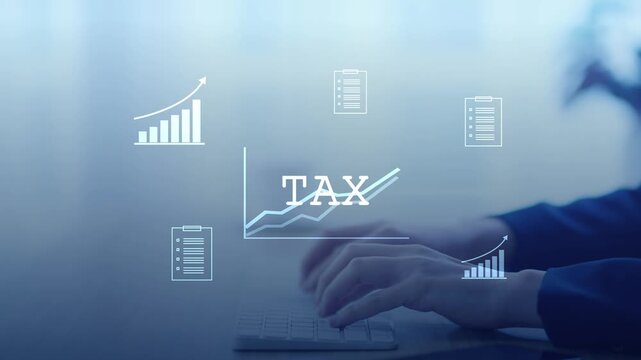 Digital tax filing Tax return financial planning analyzing  data revenue deductions filing income tax online payment mobile app computer technology. Business tax management economy 
