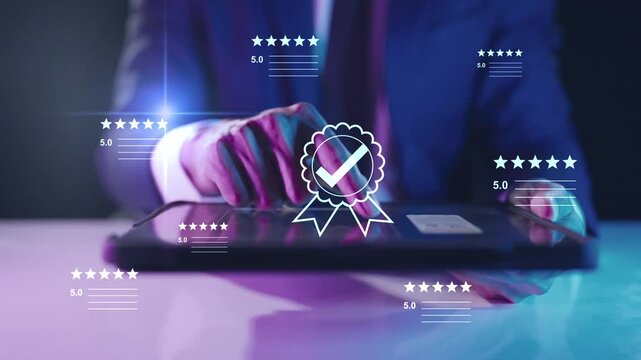 Online rating and customer feedback system on a digital interface, best service quality with 5.0 rating and guarantee satisfaction icon, product certification, ISO standards, and top-quality service