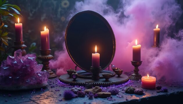 Mystical altar setup with lit candles and a scrying black mirror. Amethyst crystals and purple smoke create a mysterious, ritualistic atmosphere for divination and magic. Occult, esoteric, witchcraft.