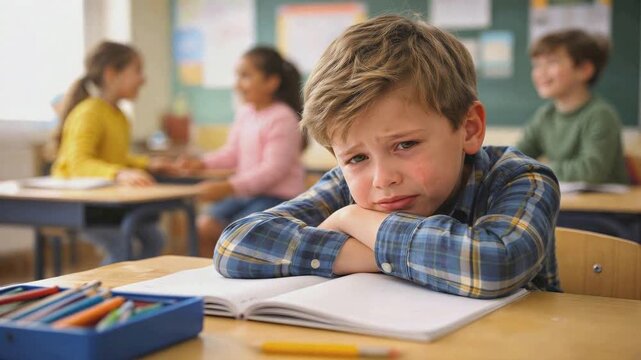 Sad elementary school boy crying at desk in classroom. Lockdown close-up shot.