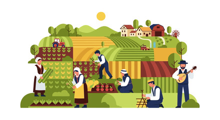 Fototapeta premium Sustainable Farming and Harvest Community Flat Design Vector Illustration. Farmers in Traditional Clothes Working in Agricultural Fields.
